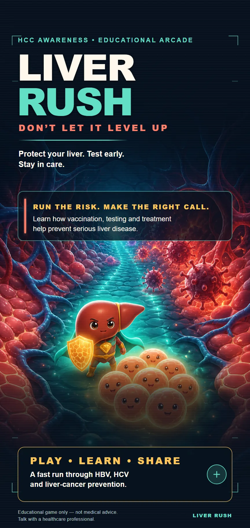 Liver Rush arcade runner poster showing hepatocytes navigating hepatitis prevention choices