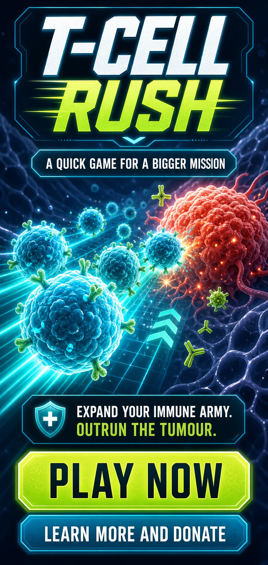 T-Cell Rush mobile arcade game flyer showing T cells charging toward a tumour