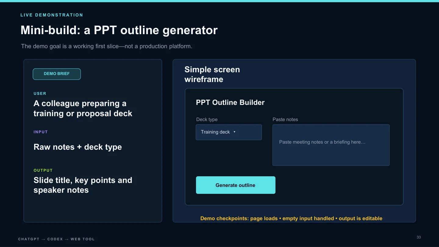 Slide 33: teaching wireframe for a PPT outline builder, not a deployed application