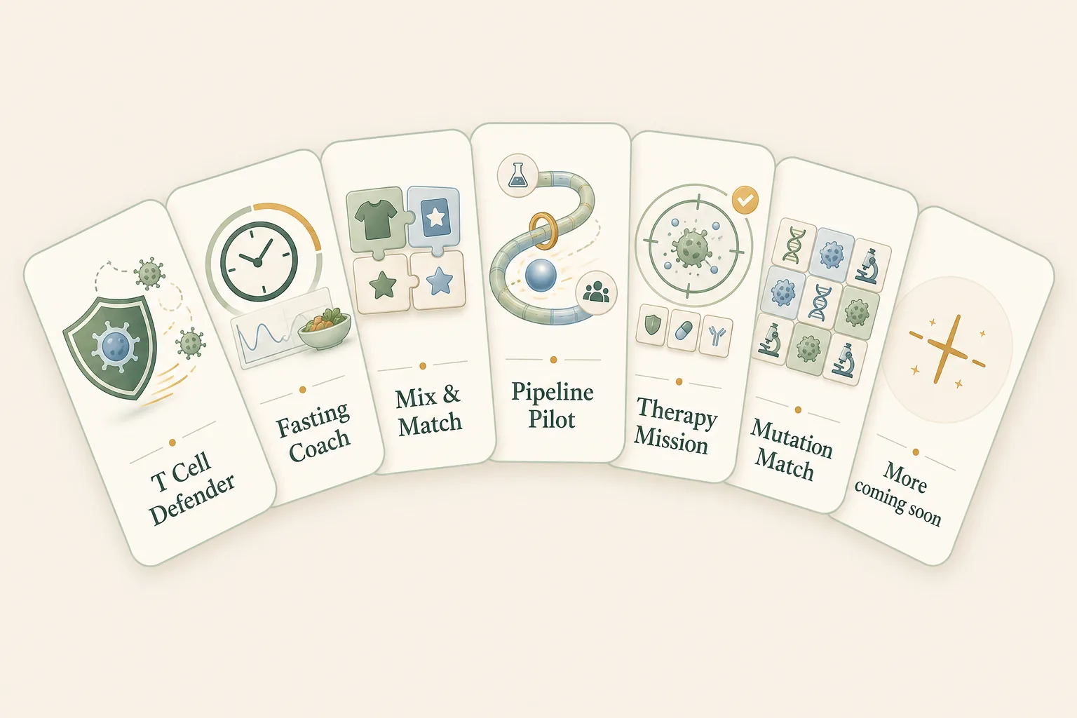 Fan of educational game cards for T Cell Defender, Fasting Coach, Mix and Match, Pipeline Pilot, Therapy Mission, Mutation Match, and more coming soon