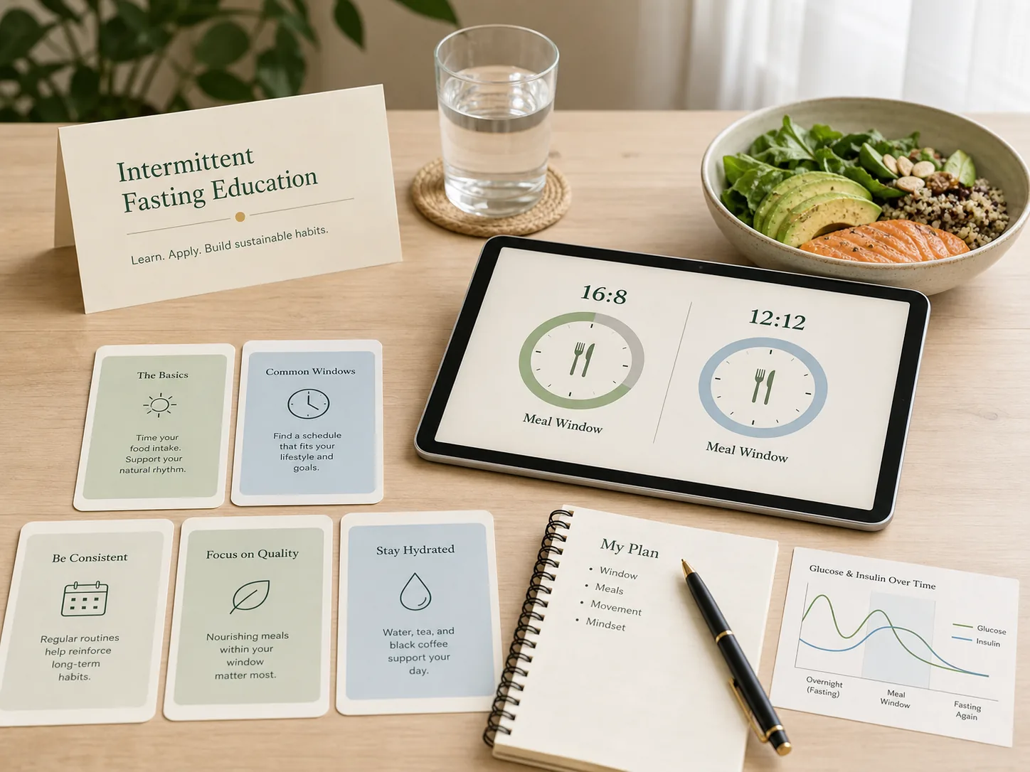 Professional intermittent fasting education workshop materials with fasting windows, meal planning cards, and a glucose and insulin chart
