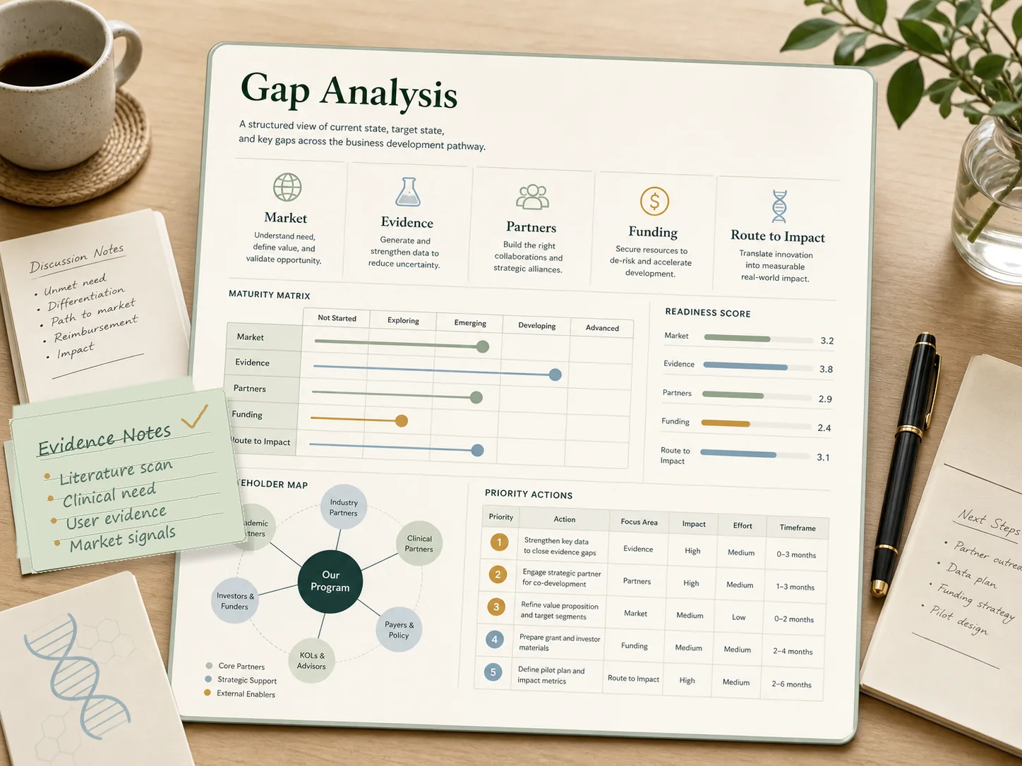 Life science gap analysis report template with market, evidence, partners, funding, route to impact, readiness scores, and priority actions